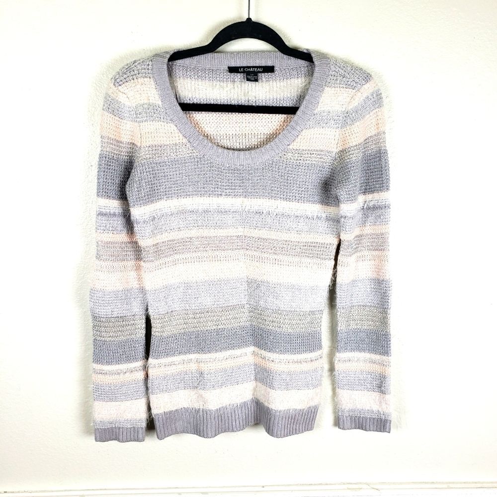 Women's Le Chateau Grey Pink Stripped fuzzy feather pull over sweater size small